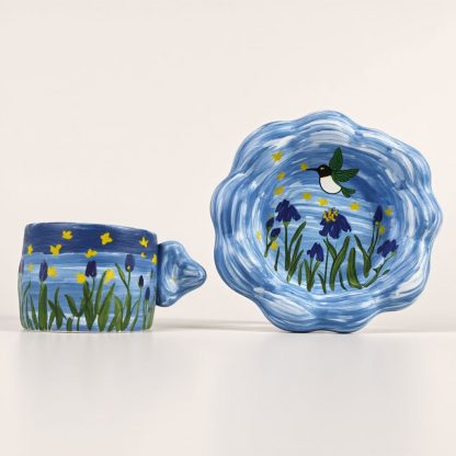 Hummingbird Meadow: Hand-Painted Ceramic Mug and Saucer Set