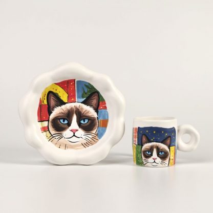 Purr-fectly Grumpy: Hand-Painted Cat Mug and Saucer Set