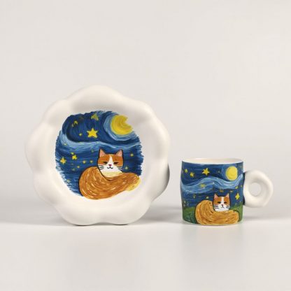 Starry Night Cat: Handmade Ceramic Mug and Saucer Set