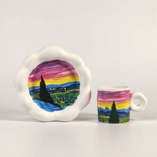 "Starry Night" Inspired Handmade Ceramic Mug and Saucer Set