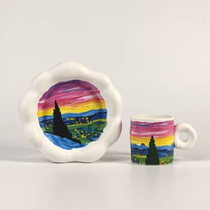 "Starry Night" Inspired Handmade Ceramic Mug and Saucer Set