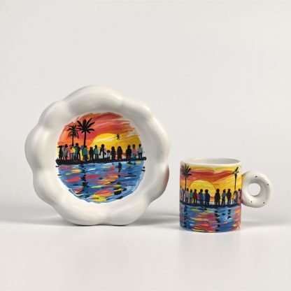 Sunset Serenity: Hand-Painted Ceramic Mug and Saucer Set