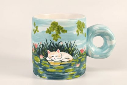 Lilypad Dream: Handmade Ceramic Cat Mug with Donut Handle