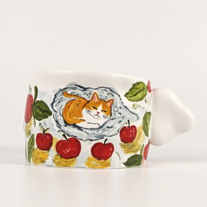 Apple Orchard Dream: Handmade Ceramic Mug with Sleeping Cat