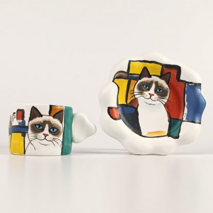 Purr-fectly Grumpy: Handmade Mondrian Cat Mug and Saucer Set