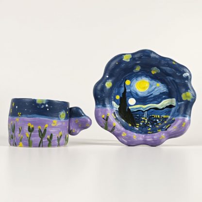 "Starry Night" Ceramic Mug and Saucer Set - Handmade Artistry