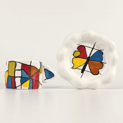 Mondrian Meets Butterfly: Hand-Painted Ceramic Cup and Saucer Set