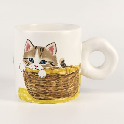 Purr-fect Brew: Hand-Painted Kitten in Basket Ceramic Mug