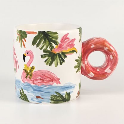 Island Dreams: Handmade Flamingo Ceramic Mug with Donut Handle