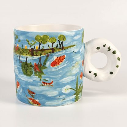 Koi Pond Dream: Hand-Painted Ceramic Mug with Donut Handle