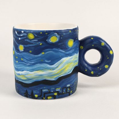 Starry Night Dreams: Handmade Ceramic Mug with Unique Donut Handle