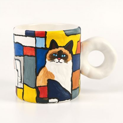 Purr-fectly Unique: Hand-Painted Siamese Cat Mug with Donut Handle