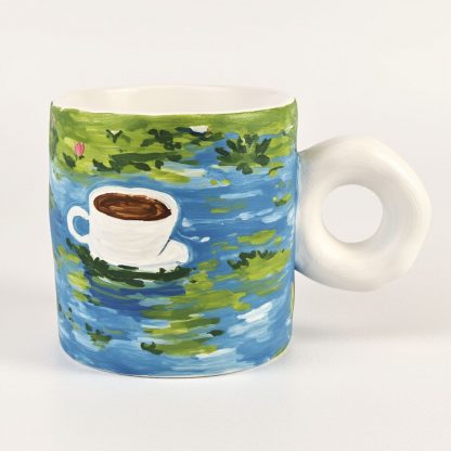 Monet's Coffee Pond: Hand-Painted Ceramic Mug with Donut Handle