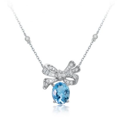 Handcrafted Elegance: Aquamarine & Diamond Bow Pendant Necklace