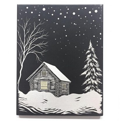 Cozy Cabin Under the Stars: Black Glaze Silver Inlay Art