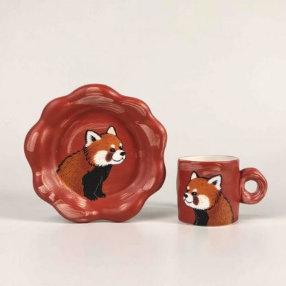 Whimsical Red Panda Ceramic Set: Handmade Mug & Saucer Set