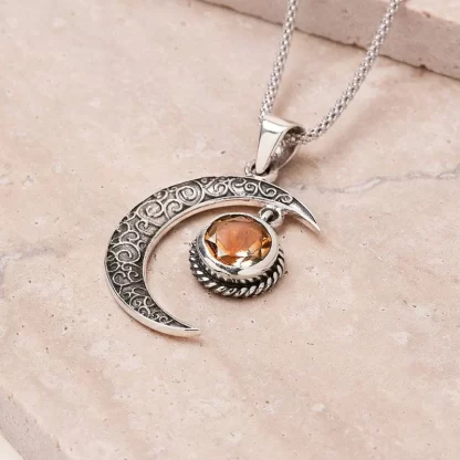 Sterling Silver Crescent Moon & Citrine Pendant Necklace | Celestial Harmony