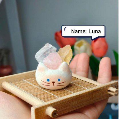 Handmade Clay Cat Buddy, Sculpted Artisan Desk Decor with Calming Stones,Personalized Mini Zen Gift positive energy