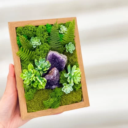 Amethyst Serenity Shadow Box -Relaxing Desk Decor Preserved Botanicals, Spiritual Gift for Women, Zen Crystal Wood Frame for Home & Office