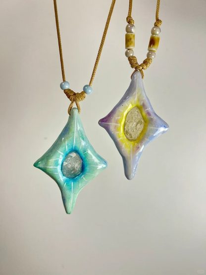Handmade Ceramic & Crystal Statement Pendant Necklace | Artisan Boho Charm